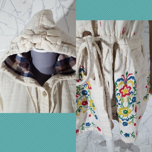 Urban Culture Ivory Floral Embroidered Button Front Cinch Waist Hoodie - Picture 2 of 6